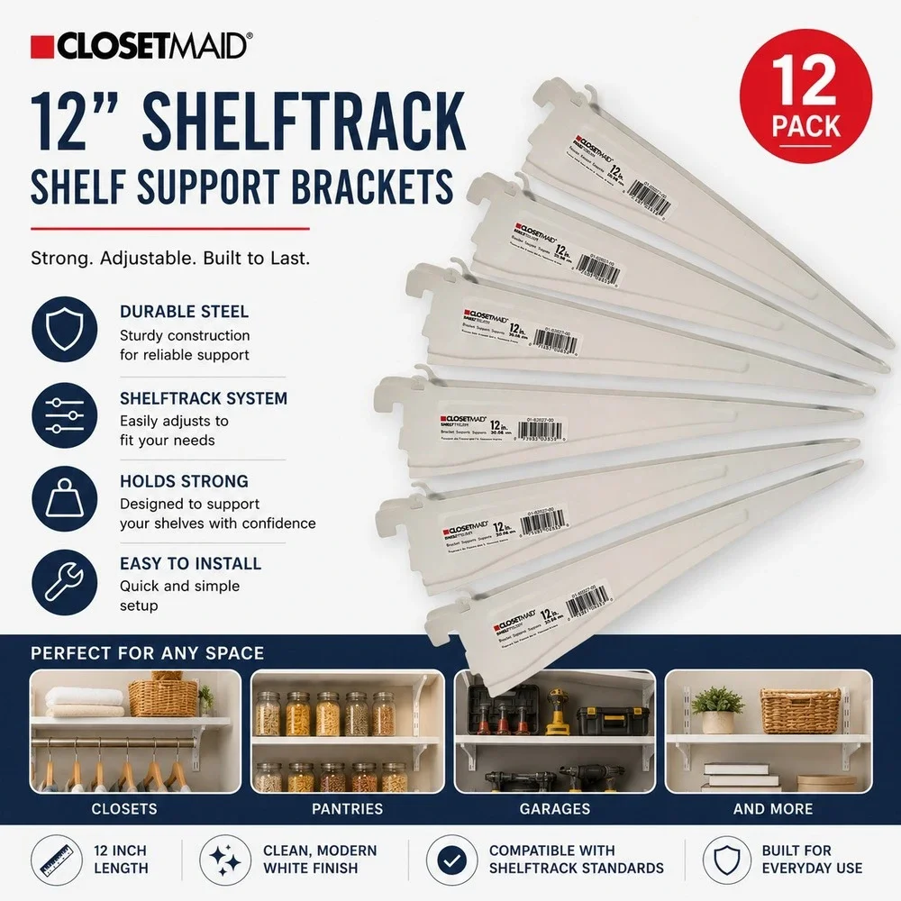 ClosetMaid 12-Inch Shelf Track Bracket Supports - Lot of 6, White Steel